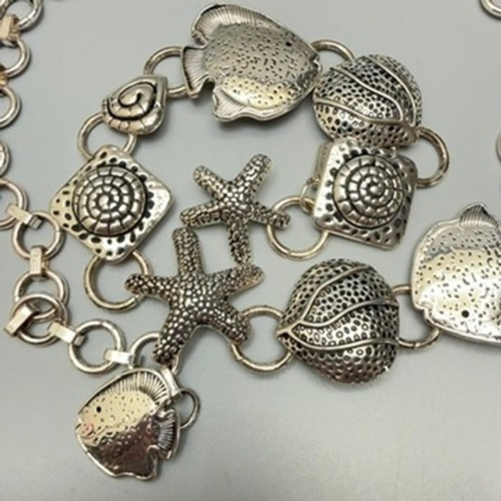Chico's Silver Tone Nautical Sea Life Chain Belt 40" Beach Star Fish Statement